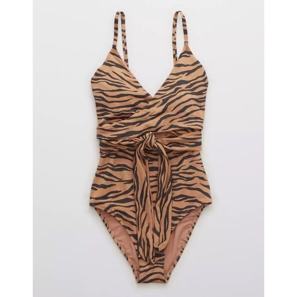 NEW Aerie Brown Pique Animal Zebra Print Wrap Around One Piece Swimsuit - Picture 2 of 5